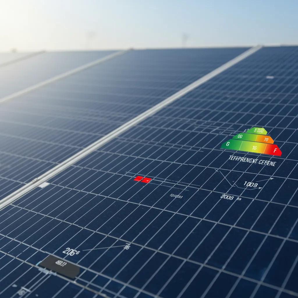 Close-up of a solar panel showcasing technical specifications related to efficiency ratings and temperature coefficients