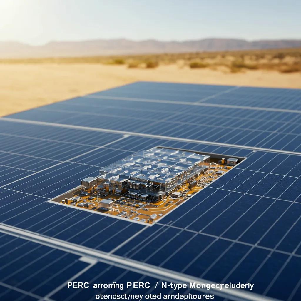 Close-up of PERC and N-type monocrystalline solar panels showcasing advanced technology