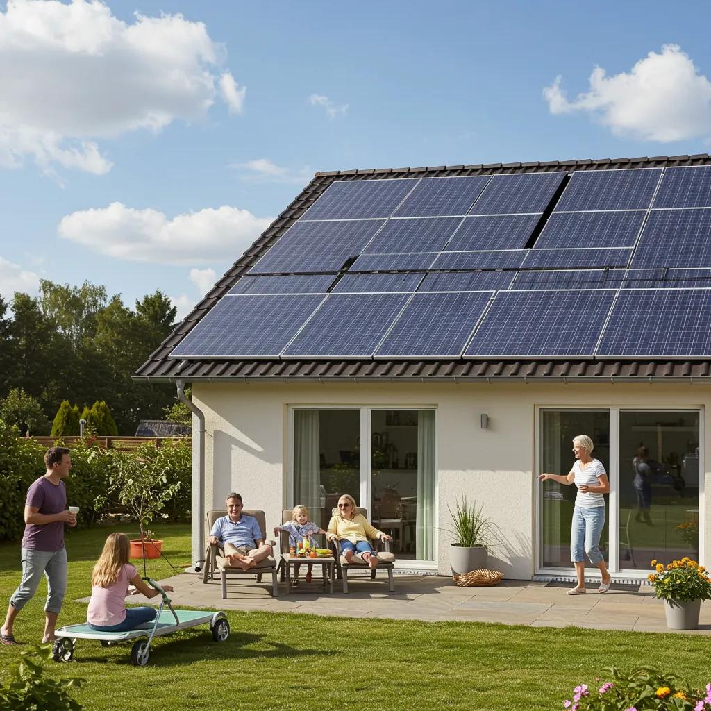 Family enjoying their home with solar panels, highlighting energy savings