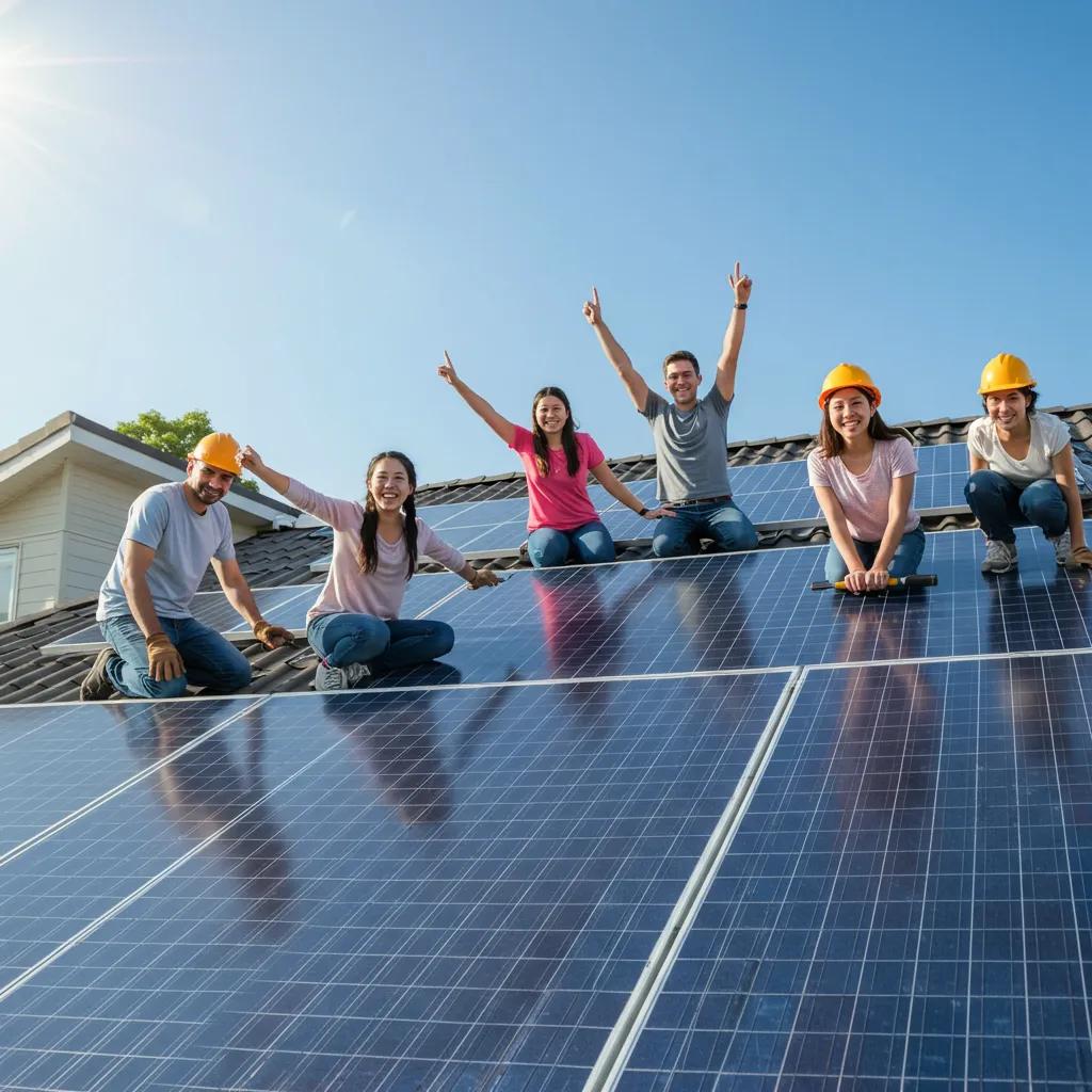 A happy family enjoying their home with newly installed solar panels, symbolizing smart energy choices and future savings