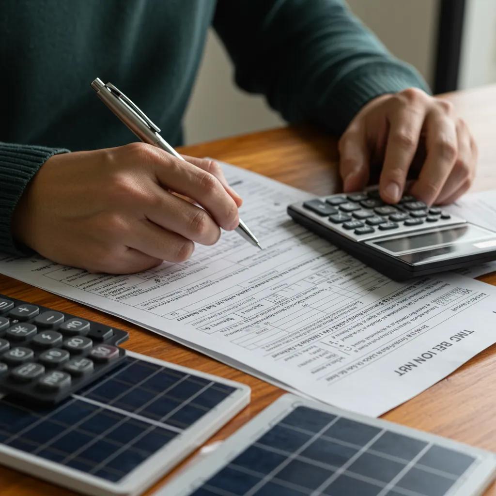 A person completing IRS Form 5695 with solar documents, illustrating the straightforward process of claiming your solar tax credit