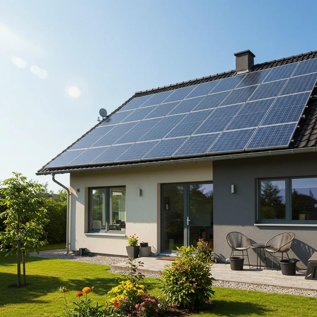 Solar panel installation on a modern home under clear blue skies, highlighting energy efficiency and sustainability